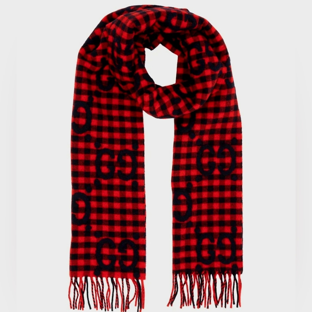 Gucci Red & Navy Blue Plaid Checkered GG Logo Extra Large Wool Scarf